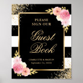 Elegantes Black Pink Floral Wedding Gästebuchzeich Poster (Vorne)