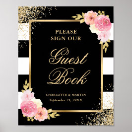 Elegantes Black Pink Floral Wedding Gästebuchzeich Poster