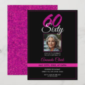 Elegantes Black & Pink Glitzer Foto 60. Geburtstag Einladung (Vorne/Hinten)