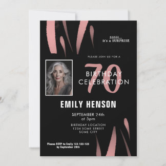 Elegantes Black Pink Watercolor 70. Geburtstags-Fo Einladung