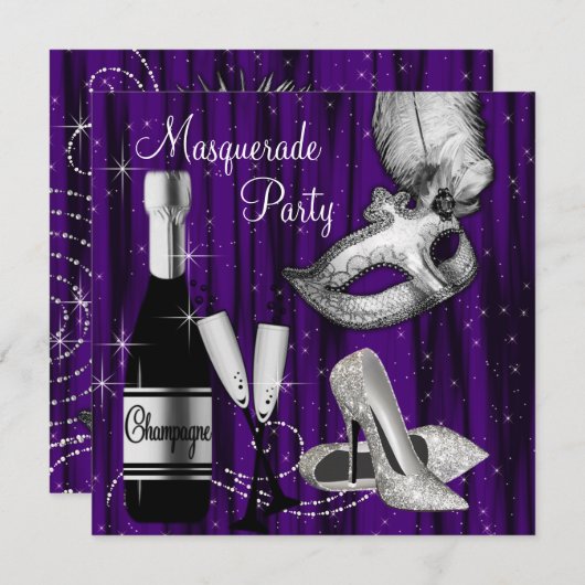 Elegantes Black Pruple Masquerade Party Einladung (Vorne/Hinten)
