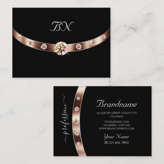 Elegantes Black Rose Gold mit Monogram und Diamond Visitenkarte (Vorne/Hinten)