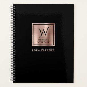 Elegantes Black Rose Gold Monogramm 2024 Planer
