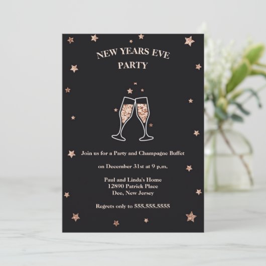 Elegantes Black & Rose Gold Silvester Party Einladung (Stehend Vorderseite)