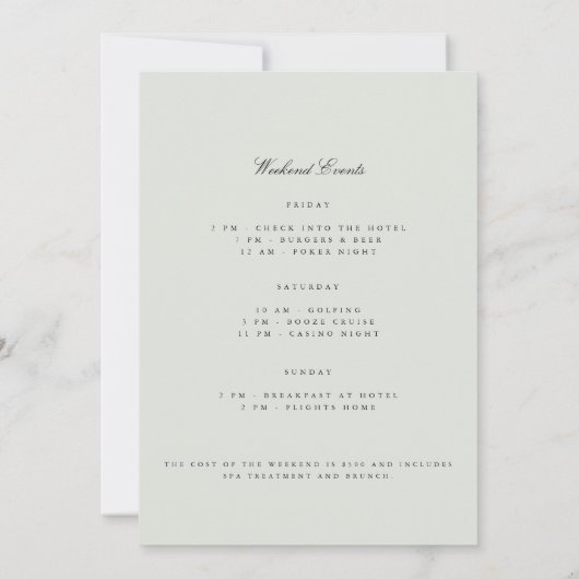 Elegantes Black & Sage Bachelor Wochenende Einladu Einladung (Rückseite)