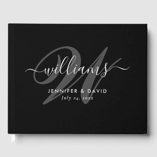 Elegantes Black Script Monogram Wedding Guest Book Gästebuch (Vorderseite)