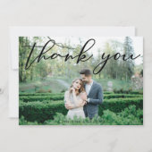 Elegantes Black Script Overlay Wedding Foto Dankeskarte (Vorderseite)