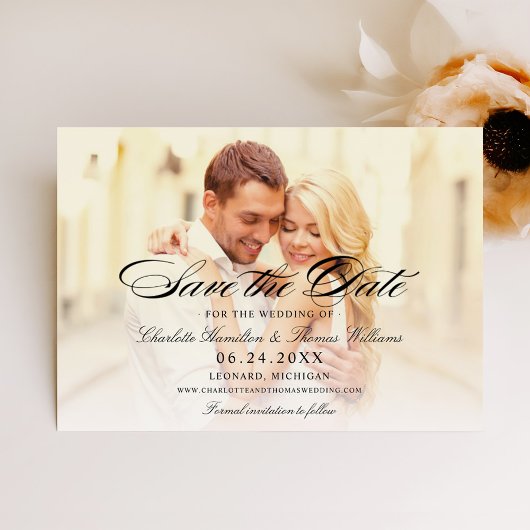 Elegantes Black Script Overlay Wedding Foto Save The Date