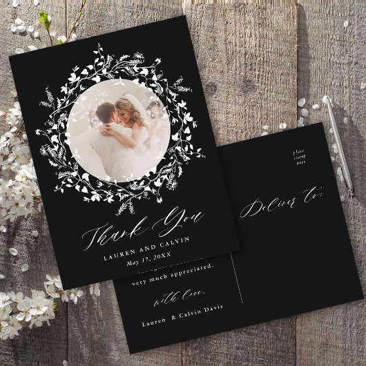 Elegantes Black Script Wedding Foto Danke Black Postkarte