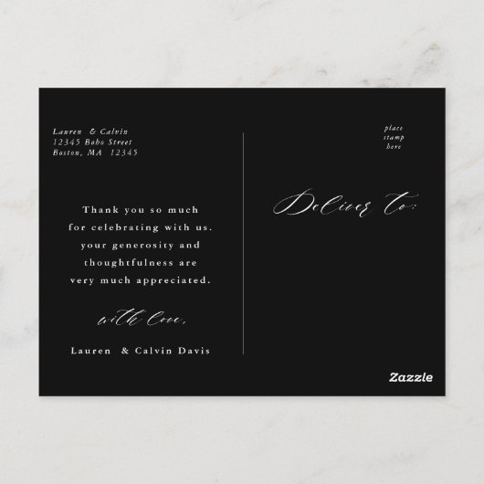Elegantes Black Script Wedding Foto Danke Black Postkarte (Rückseite)