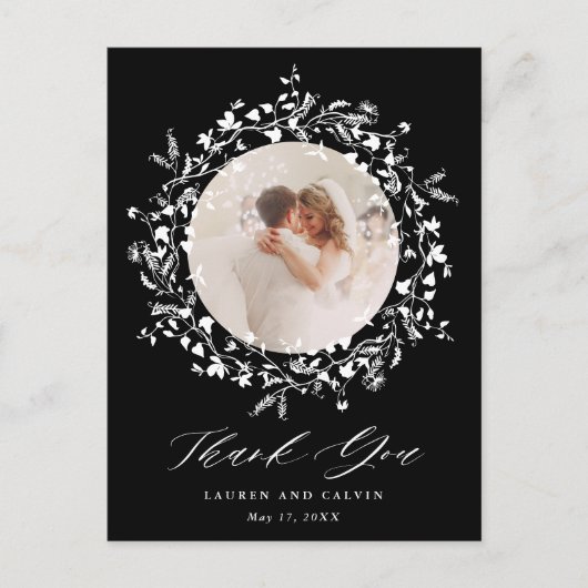 Elegantes Black Script Wedding Foto Danke Black Postkarte (Vorderseite)