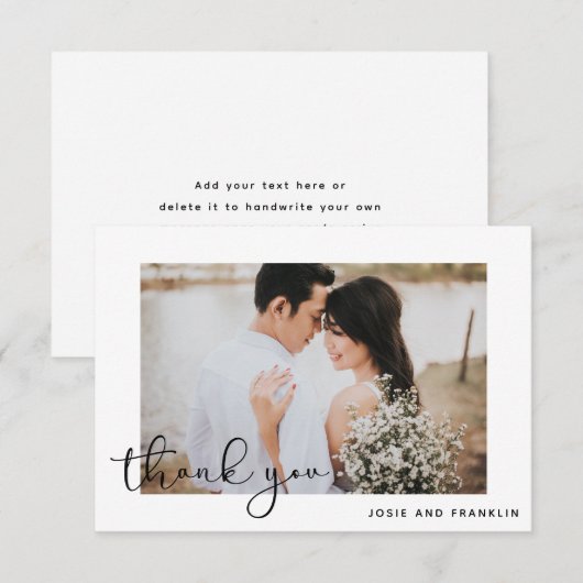 Elegantes Black Script Wedding Foto Danke Karte (Vorne/Hinten)