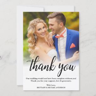 Elegantes Black Script Wedding Foto Danke Karte