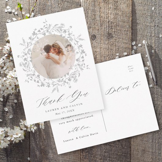 Elegantes Black Script Wedding Foto Vielen Dank Postkarte