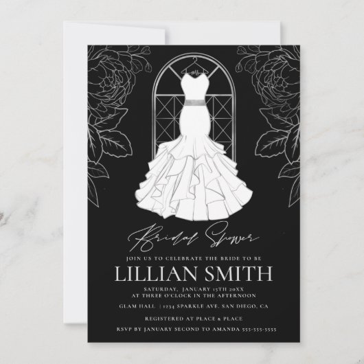 Elegantes Black & Silver Bridal Dress Brautparty Einladung (Vorderseite)