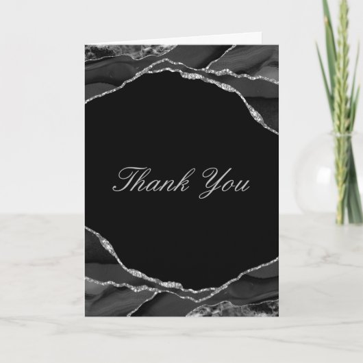 Elegantes Black Silver Foil Agate Wedding Foto Dankeskarte (Vorderseite)