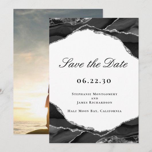 Elegantes Black Silver Foil Agate Wedding Foto Save The Date (Vorne/Hinten)