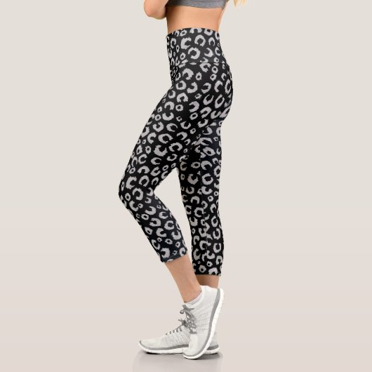 Elegantes Black Silver Glitzer Leopard Muster Capri Leggings (Links)