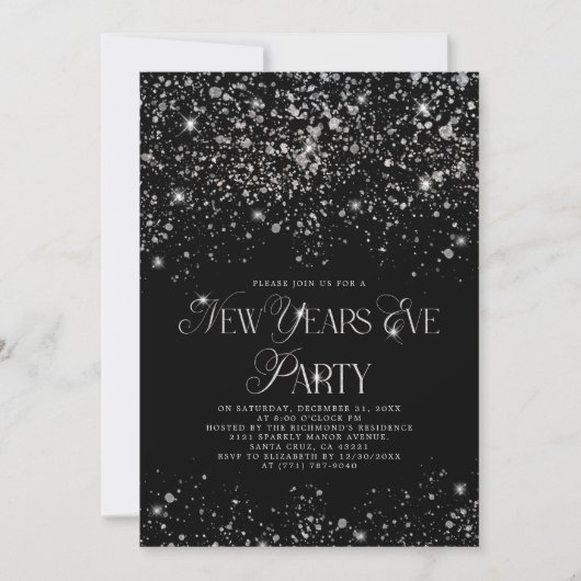 Elegantes Black Silver Glitzer Silvester Party Einladung (Vorderseite)