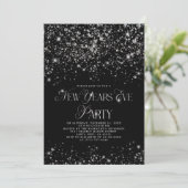 Elegantes Black Silver Glitzer Silvester Party Einladung (Stehend Vorderseite)