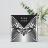 Elegantes Black Silver Metal Mask Event Party 2 Einladung (Stehend Vorderseite)