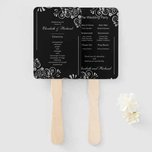 Elegantes Black Silver Wedding Zeremony Program Fächer (Vorne und Hinten)