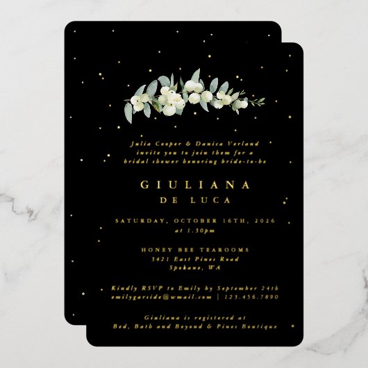 Elegantes Black Snowberry+Eukalyptus Brautparty Folieneinladung (Vorderseite/Rückseite)