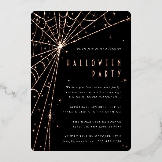 Elegantes Black Spider Web-Halloween-Party Folieneinladung (Vorderseite)