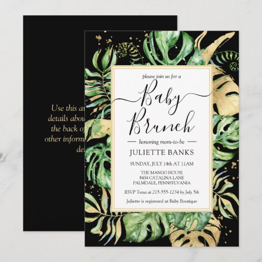 Elegantes Black Tropical Foliage Baby Shower Brunc Einladung (Vorne/Hinten)