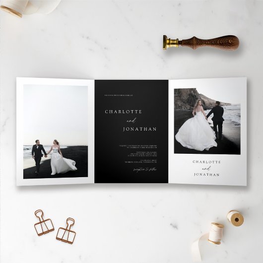 Elegantes Black Wedding Foto Dreifach Gefaltete Einladung