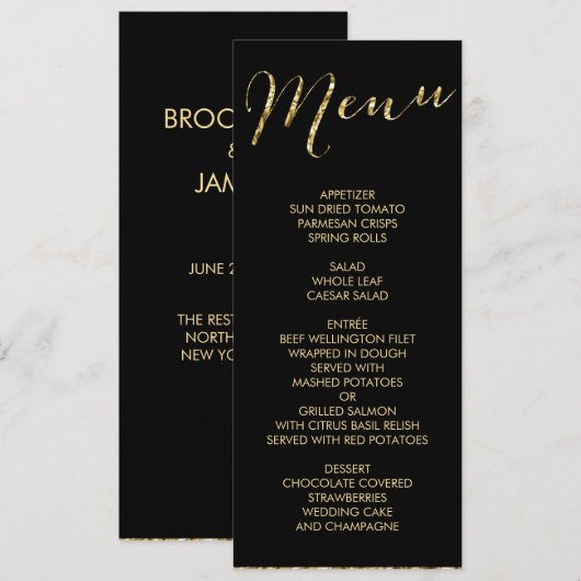 Elegantes Black Wedding Menu Menükarte (Vorne/Hinten)