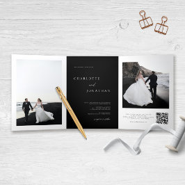 Elegantes Black Wedding RSVP Details QR Code Foto Dreifach Gefaltete Einladung