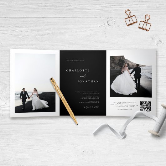 Elegantes Black Wedding RSVP Details QR Code Foto Dreifach Gefaltete Einladung