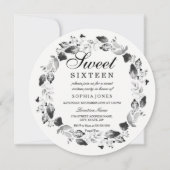 Elegantes Black & White Leaf Kranz Sweet 16 Einlad Einladung (Vorderseite)