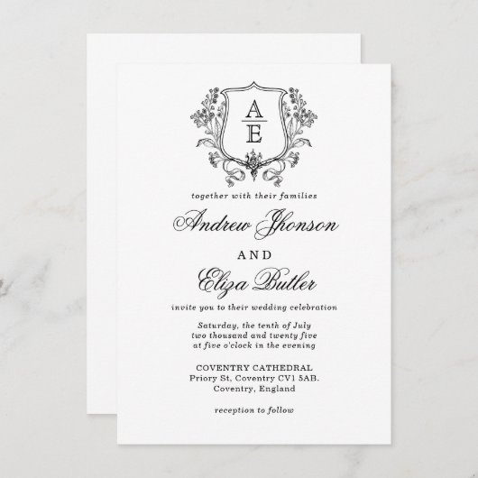 Elegantes Black & White Monogram Leaf Wappen Hochz Einladung (Vorne/Hinten)