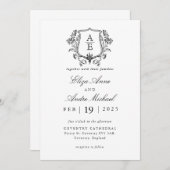 Elegantes Black & White Monogram Leaf Wappen Hochz Einladung (Vorne/Hinten)