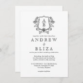 Elegantes Black & White Monogram Leaf Wappen Hochz Einladung (Vorne/Hinten)