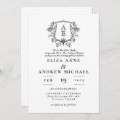 Elegantes Black & White Monogram Leaf Wappen Hochz Einladung (Vorne/Hinten)