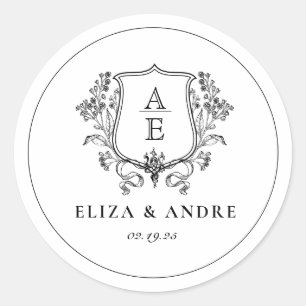 Elegantes Black & White Monogram Leaf Wappen Hochz Runder Aufkleber
