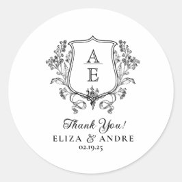 Elegantes Black & White Monogram Leaf Wappen Hochz Runder Aufkleber