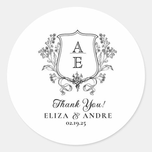 Elegantes Black & White Monogram Leaf Wappen Hochz Runder Aufkleber (Vorderseite)