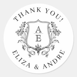 Elegantes Black & White Monogram Leaf Wappen Hochz Runder Aufkleber