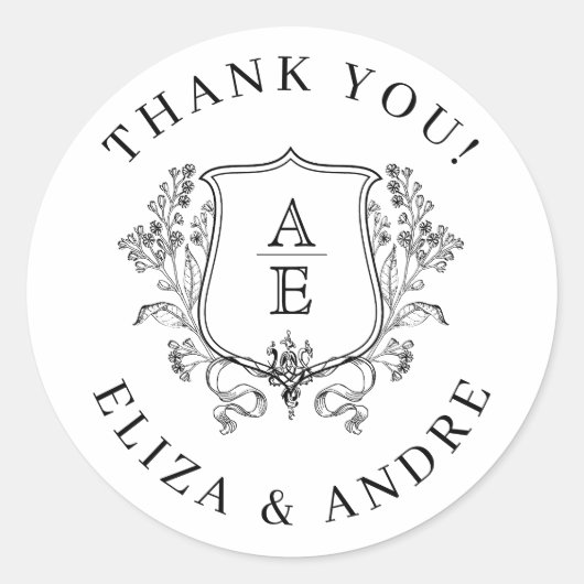 Elegantes Black & White Monogram Leaf Wappen Hochz Runder Aufkleber (Vorderseite)