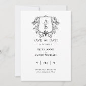 Elegantes Black & White Monogram Leaf Wappen Hochz Save The Date (Vorderseite)