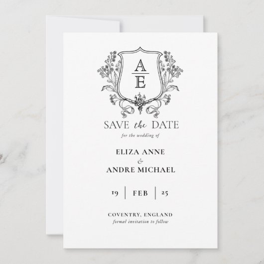 Elegantes Black & White Monogram Leaf Wappen Hochz Save The Date (Vorderseite)