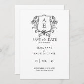Elegantes Black & White Monogram Leaf Wappen Hochz Save The Date (Vorne/Hinten)