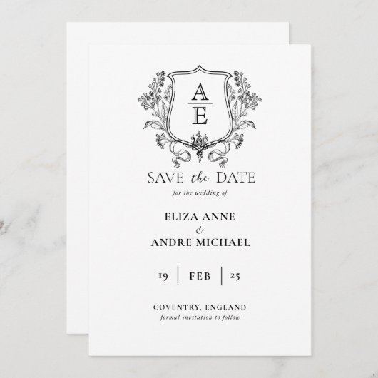Elegantes Black & White Monogram Leaf Wappen Hochz Save The Date (Vorne/Hinten)
