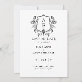 Elegantes Black & White Monogram Leaf Wappen Hochz Save The Date