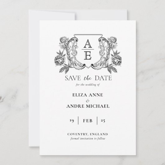 Elegantes Black & White Monogram Leaf Wappen Hochz Save The Date (Vorderseite)