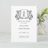 Elegantes Black & White Monogram Leaf Wappen Hochz Save The Date (Stehend Vorderseite)